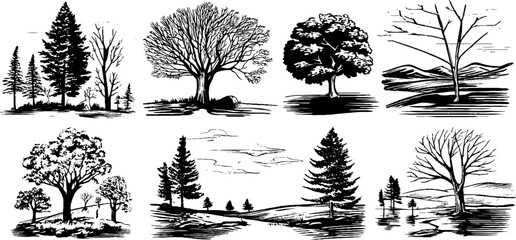 Collection of black and white tree illustrations depicting various landscapes and seasons