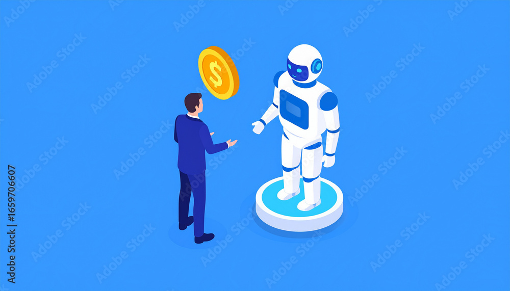 Poster a man trading with a robot using a coin: exploring technology and transactions