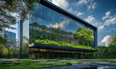 Fototapeta premium Exemplifying the ESG (Environmental, Social, Governance) concept, featuring a corporate glass building facade reflecting green trees, symbolizing the integration of sustainability, Generative AI