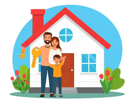 Happy Family Home Buyers Holding Keys, Real Estate PNG Isolated