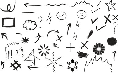 Hand drawn lLine shape marker underline chalk brush stroke arrow icon set. Chalk crayon underline, check mark, scribble and texture in rough hand sketch style. Drawn heart, frame, star design shapes. 