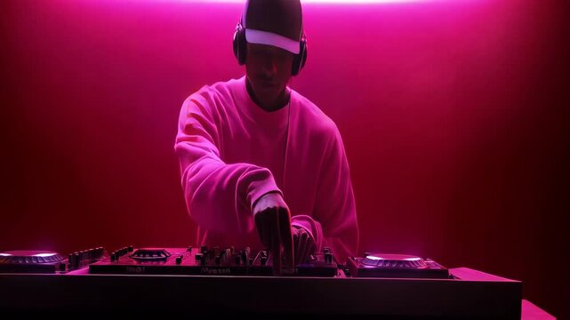 Dj mixing beats to vibrant neon lights in a rhythmic performance