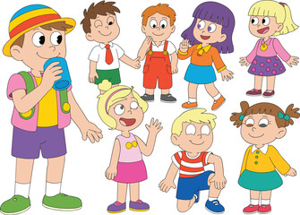 Cartoon children vector illustration, happy kids characters, colorful outfits, playful poses, smiling faces, isolated clipart, school, fun, friendship, joy