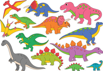 Cartoon dinosaurs vector illustration, colorful prehistoric animals, cute dino characters, isolated clipart, kids education, Jurassic theme, fun drawing