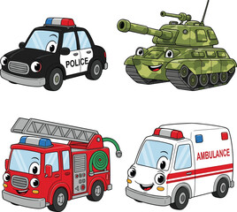 Cartoon emergency vehicles, police car, fire truck, ambulance, army tank, cute transport illustration, rescue vehicles, kids drawing, safety, protection © Jisan World