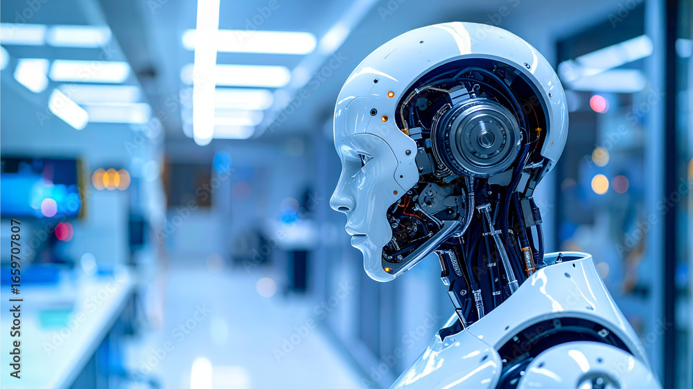 Poster a futuristic robot with a serene expression looking to the side in a laboratory setting. the robot's