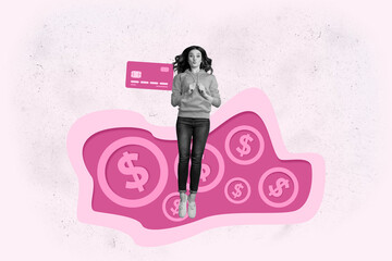 Collage of surprised person surrounded by dollar symbols and credit card representing income earnings and currency concept