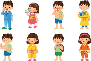 Cartoon kids morning routine, brushing teeth, drinking water, wearing pajamas, towel, bathrobe, backpack, hygiene habits, vector illustration, cute style