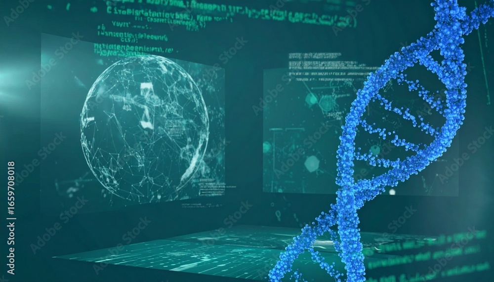 Poster a digital representation of a dna double helix set against a futuristic background with digital inte