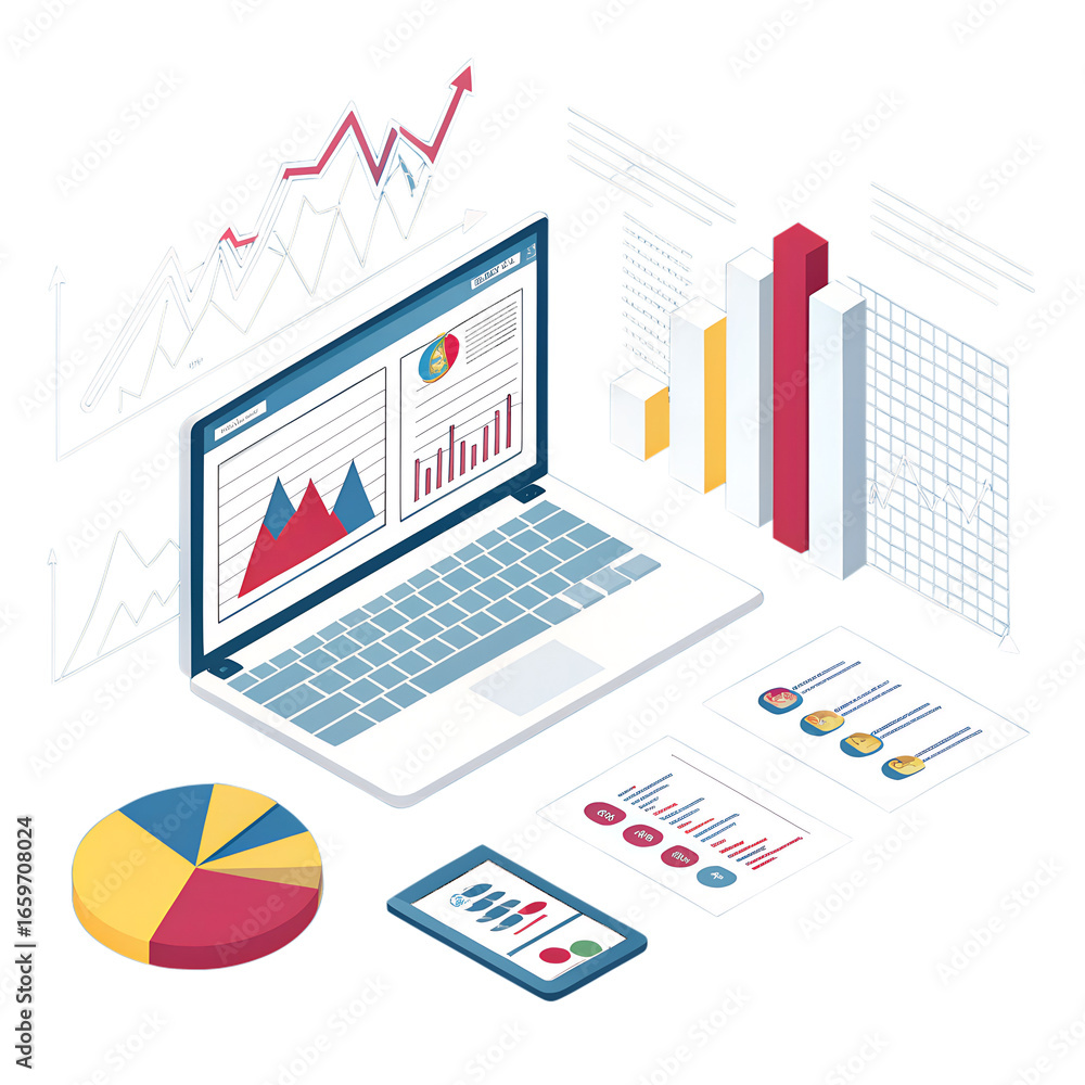 Poster isometric laptop with charts graphs pie chart and reports on white background isolated on a transpar