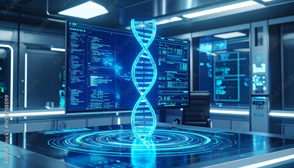 Poster a dna helix glows with intricate detail, displayed on a table within a futuristic laboratory. a data