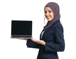 Young Hijabi Entrepreneur Using Laptop, Seated Pose PNG