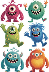 Cartoon monster vector illustration, colorful one-eyed creatures, cute fantasy characters, isolated clipart, kids design, fun drawing, Halloween theme