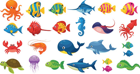 Cartoon sea animals, fish, octopus, dolphin, whale, crab, turtle, squid, colorful marine life, vector illustration, ocean creatures, kids style