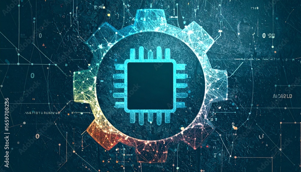 Poster a visual representation of a computer processor within a gear, depicting the interconnectedness of t