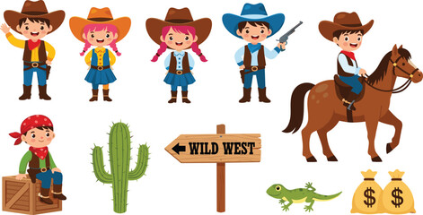 Cartoon wild west kids, cowboy and cowgirl characters, horse riding, cactus, money bag, western sign, vector illustration, adventure theme