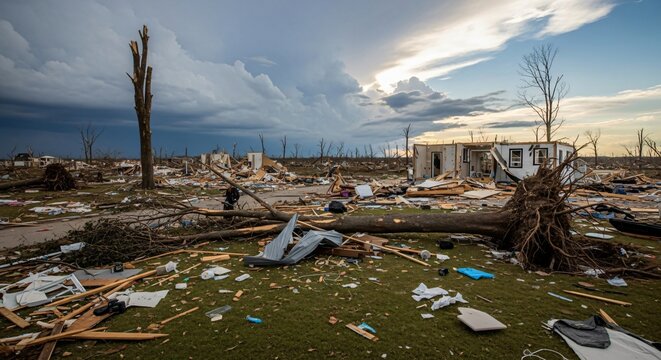 Tornado Aftermath: Devastated Homes and Uprooted Trees in Kentucky.