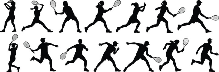 Silhouette tennis players, male and female, action poses, racket sport, running, hitting ball, vector illustration, black shape, athletic movement