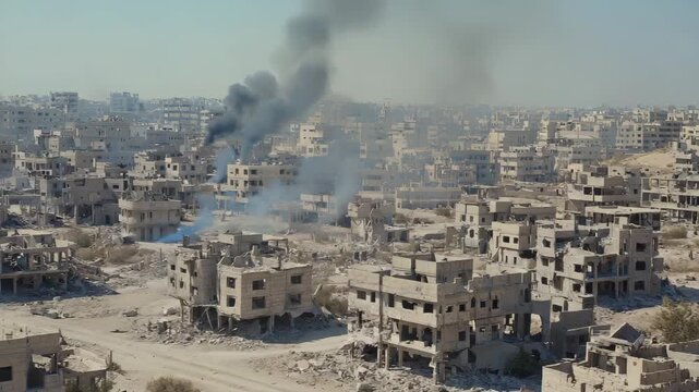 AI-generated illustration Aerial view of a war-torn city with smoke rising from destroyed buildings