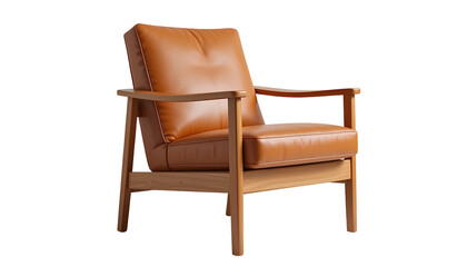 Modern Armchair with Wooden Frame – Minimalist Orange Brown Leather Upholstery Isolated PNG