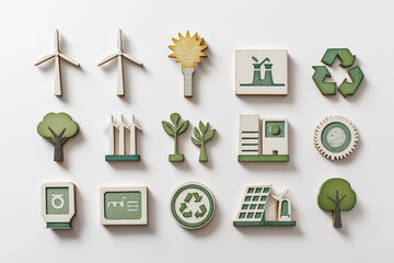 flat lay of sustainable energy icons including wind turbines, eco gear, SDG badges on white background, clean energy concept highlighting climate-friendly renewable resource technology