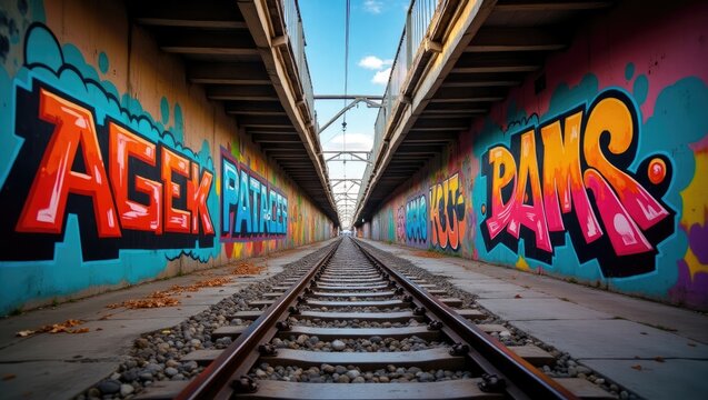 Vibrant graffiti art adorns railway tunnel walls, creating a colorful urban landscape.