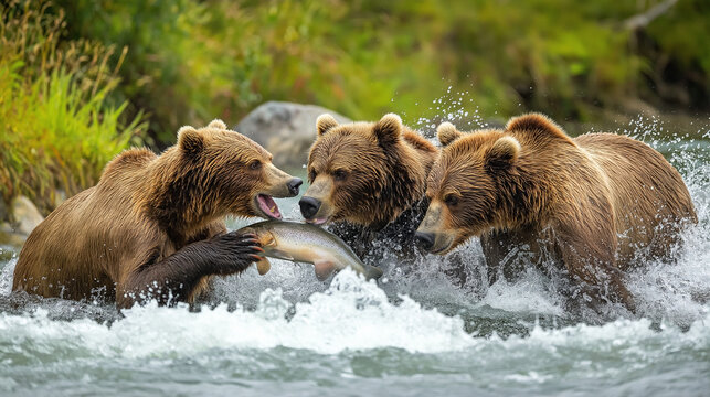 AI generator image of Grizzly bear encounter in Alaska, bears are fighting over salmon spawning in lakes