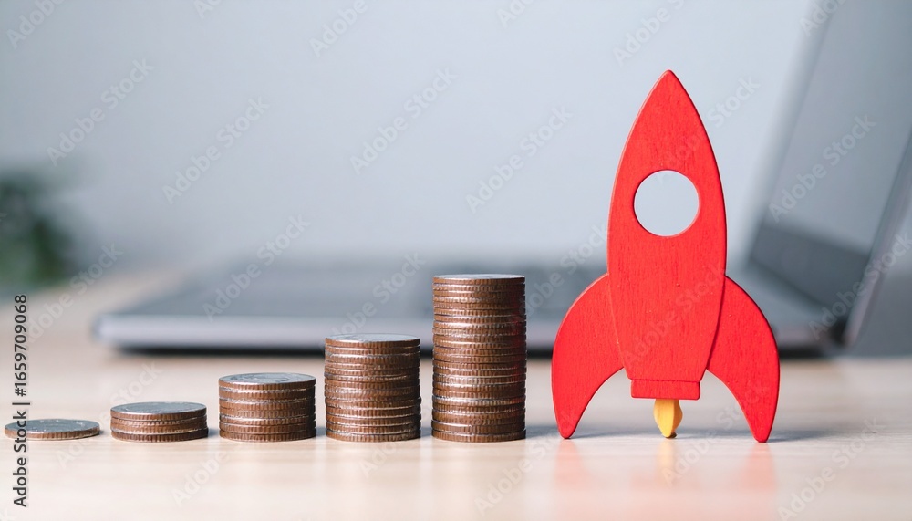 Poster a conceptual image of financial growth depicted through a stack of coins with a rocket beside them, 