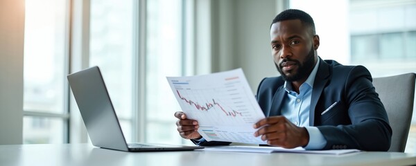 African businessman analyzes financial chart in office. Black male looks at declining graph, using laptop computer. Executive studies company sales report, business strategy. Serious work at