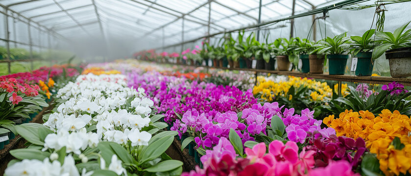 AI generator image of Greenhouse full of summer flowering house plants Greenhouse for flower cultivation, flower industry Abundant Variety in a Flower-Filled Nursery house Modern plant nurseries
