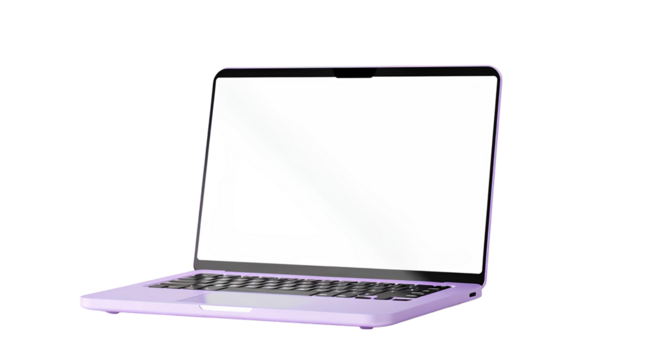 3D Laptop Render – Light Purple Body with Black Keyboard and Blank White Screen Isolated PNG