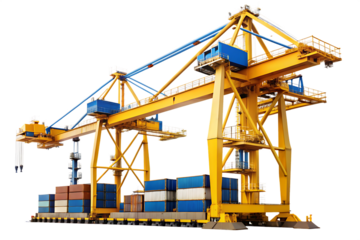 Yellow and blue gantry crane with shipping containers on a platform graphic design isolated on a transparent background