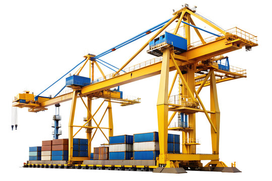 Yellow and blue gantry crane with shipping containers on a platform graphic design isolated on a transparent background