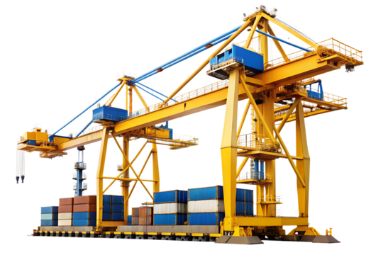 Yellow and blue gantry crane with shipping containers on a platform graphic design isolated on a transparent background