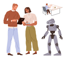 Two colleagues discussing work on a clipboard, robotic design focus, distant person at desk. Ideal for teamwork, AI innovation, future technology, research, brainstorming, engineering simple flat