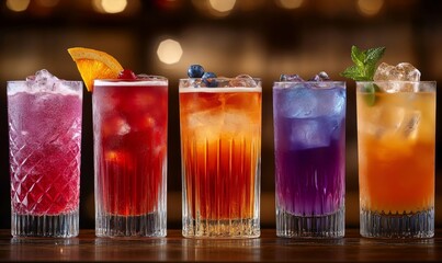 Selection of colorful mocktails, non-alcoholic beverages designed to resemble the presentation of cocktails. The image represents a growing trend in healthy, non-alcoholic alternatives, Generative AI