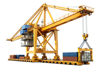 Yellow container crane lifting blue and brown shipping containers on background isolated on a transparent background