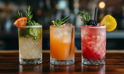 Selection of colorful mocktails, non-alcoholic beverages designed to resemble the presentation of cocktails. The image represents a growing trend in healthy, non-alcoholic alternatives, Generative AI