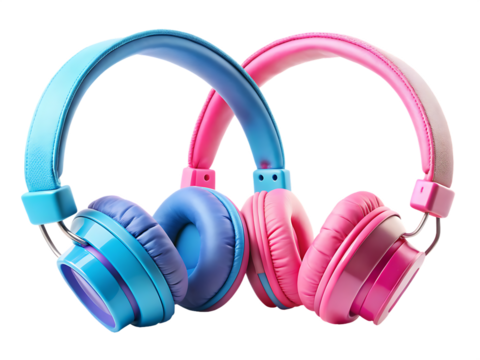 Pink and blue headphones isolated on white background,PNG.AI Generated. - Powered by Adobe