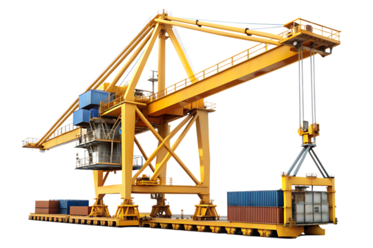 Yellow container crane lifting blue and brown shipping containers on background isolated on a transparent background