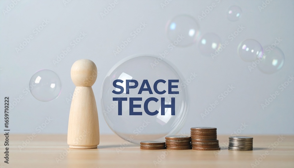 Poster space tech conceptual image featuring a wooden figure and coins inside a bubble. the image conveys f