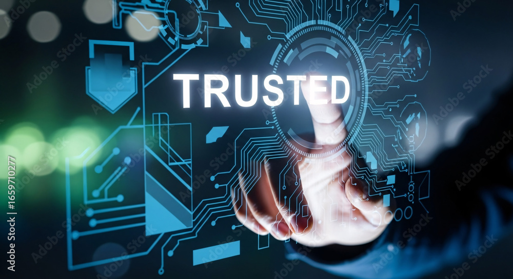 Poster hand pressing the word trusted on a futuristic digital interface with glowing circuits