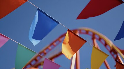 Close-up colorful pennant flags flutter in soft sunlight on a vibrant roller coaster track under blue sky