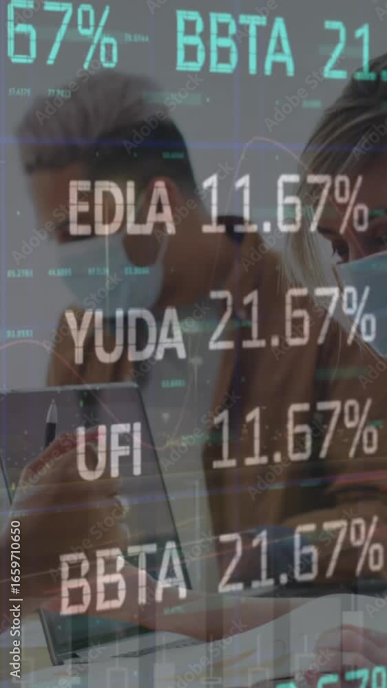 Poster animation of stock market data processing over diverse colleagues wearing face masks discussing