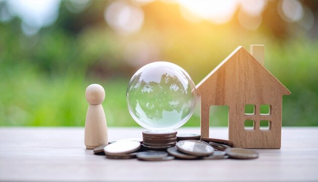 A financial planning concept featuring a wooden house, lightbulb, and a wooden person, on a stack of coins - Powered by Adobe