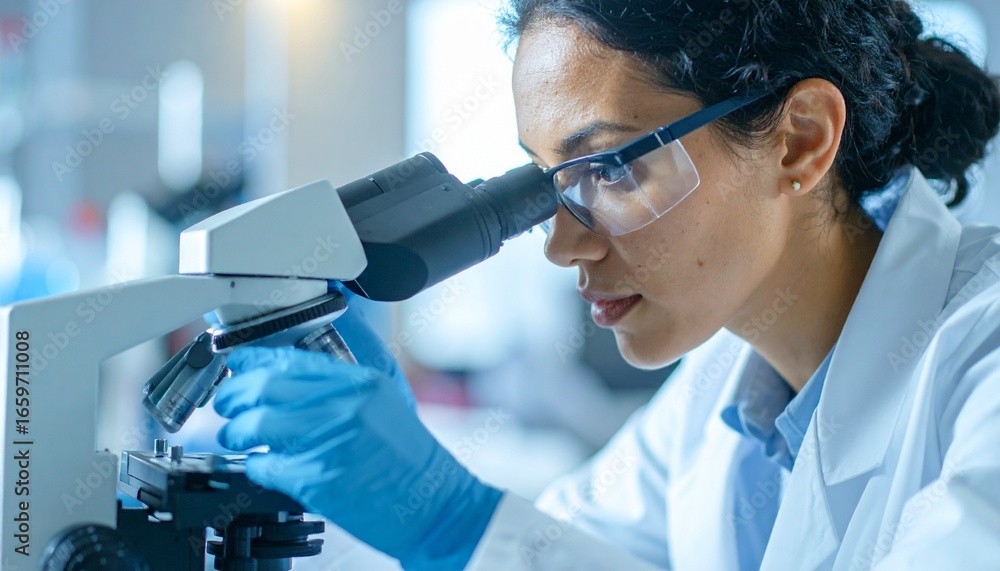 Poster a scientist working diligently with a microscope in a modern laboratory, symbolizing the pursuit of 