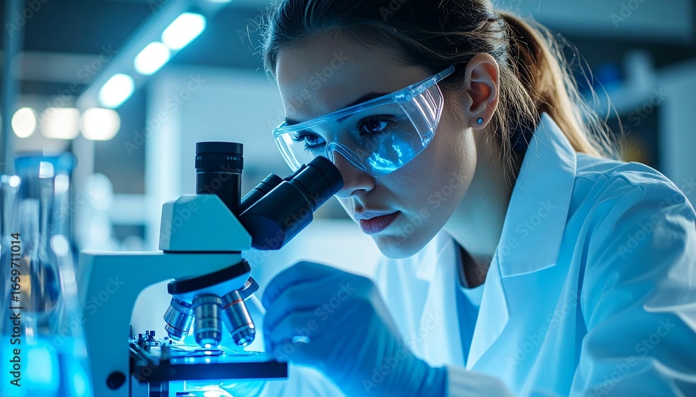 Poster a scientist focused on a microscope while wearing protective eyewear and gloves in a laboratory envi