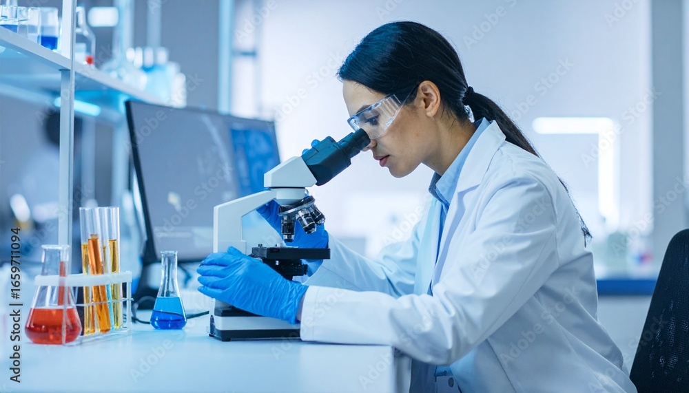Poster scientist using a microscope in a laboratory. she's wearing a white lab coat and protective eyewear