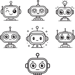 "Cute Robot Faces Icon Set &ndash; Line Art Style with Different Emotions and Expressions"