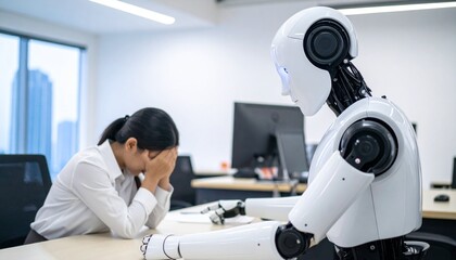 An AI robot comforting a distressed woman in an office setting, exploring themes of technology and human interaction.The robot extends a hand toward the woman as if to offer support.